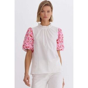 White Blouse with Pink Patterned Sleeves